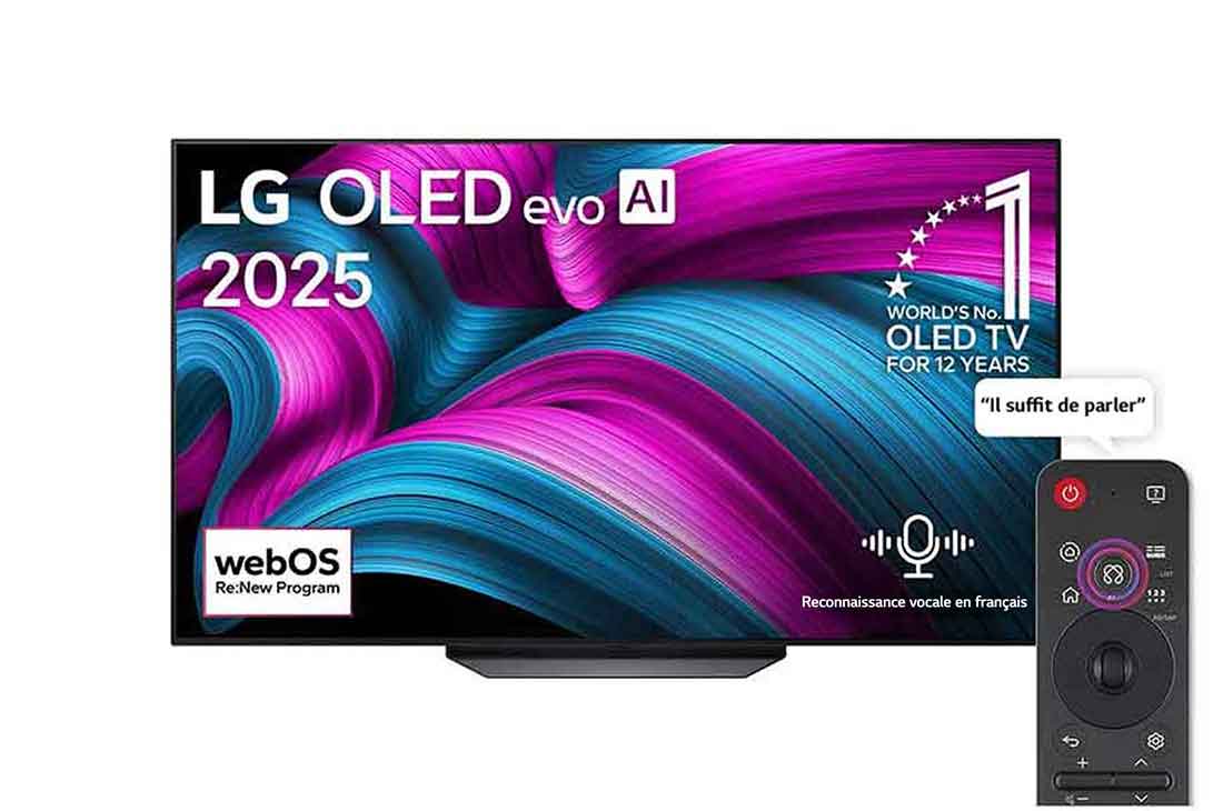 LG Smart TV LG OLED AI CS5 4K 65 pouces 120 Hz Télécommande AI Magic Remote webOS25 2025 , Front view of LG OLED evo AI CS5 4K Smart TV. 12 Years of world number 1 OLED emblem and LG OLED evo AI 2025 logo are on the screen., OLED65CS5VA