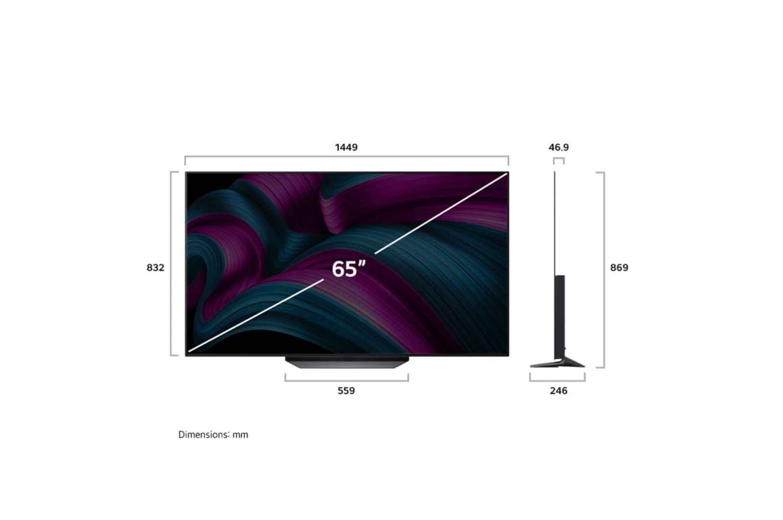 LG Smart TV LG OLED AI CS5 4K 65&nbsp;pouces 120&nbsp;Hz Télécommande AI Magic Remote webOS25 2025 , Front view and side view of LG OLED evo AI CS5 4K Smart TV showing its length, width, height, and depth dimensions., OLED65CS5VA, thumbnail 4