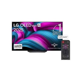 Vue avant de la Smart TV LG OLED evo AI CS5 4K. L’emblème OLED numéro 1 dans le monde pendant 12 ans et le logo LG OLED evo AI 2025 sont à l’écran.2