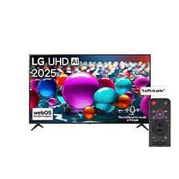 Vue avant d’une TV UHD UA75, logo LG UHD Al dans le coin supérieur. La LG UHD TV représente des textures colorées semblables à de la peinture, réunies.2