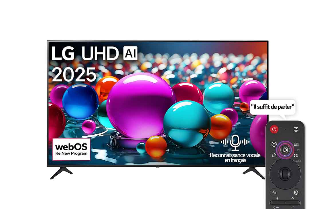 LG Smart TV LG UHD AI UA85 4K 75 pouces Télécommande AI Magic Remote prête à l’utilisation HDR10 webOS25 2025 , Vue avant d’une TV UHD UA75, logo LG UHD Al dans le coin supérieur. La LG UHD TV représente des textures colorées semblables à de la peinture, réunies., 75UA85006LA