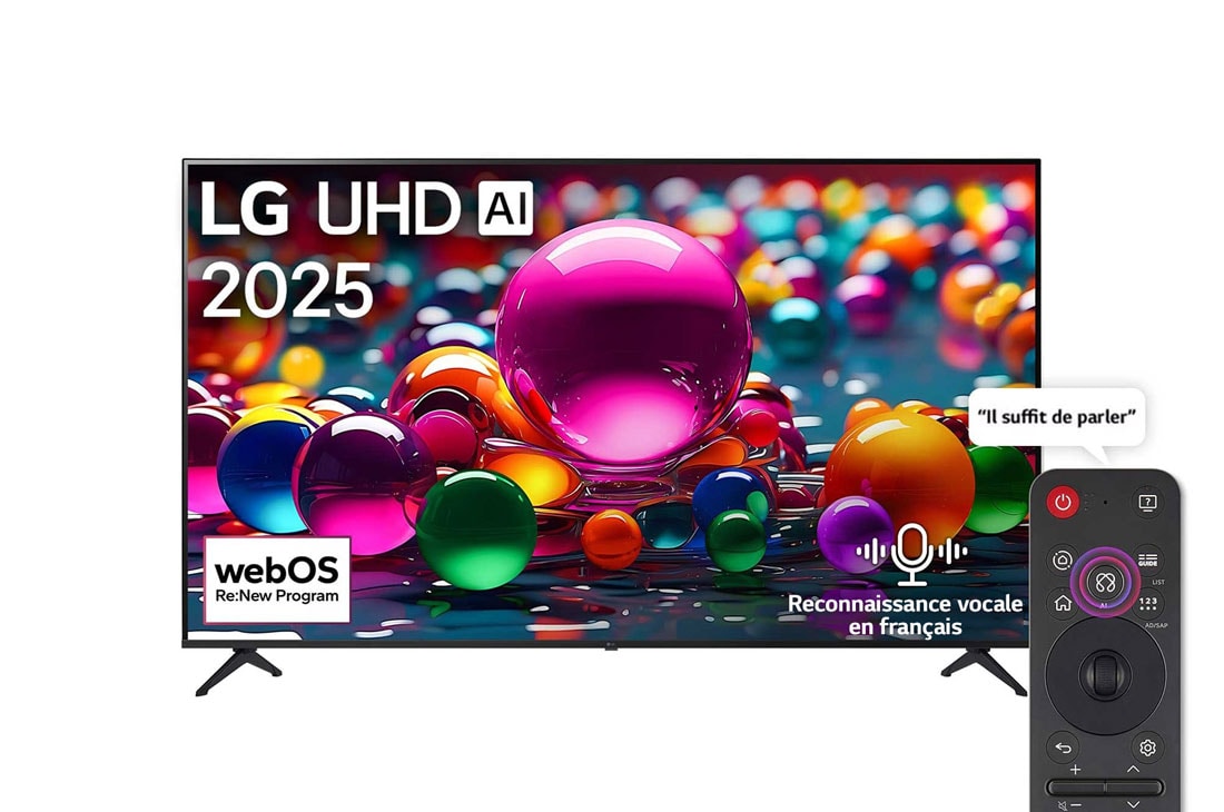 LG Smart TV LG UHD AI UA85 4K 50 pouces Télécommande AI Magic Remote HDR10 webOS25 2025 , Vue avant d’une TV UHD UA75, logo LG UHD Al dans le coin supérieur. La LG UHD TV représente des textures colorées semblables à de la peinture, réunies., 50UA85006LA