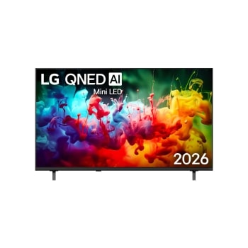 La vue avant de la LG QNED AI QNED70 Mini LED, sortie en 2026, remplit l’écran de projections éclatantes et fluides de mouvements multicolores, tandis que les couleurs finement superposées se diffusen