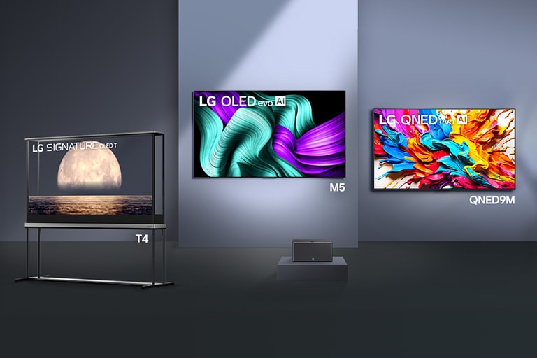 Une série de LG TVs sans fil alignées en formation.