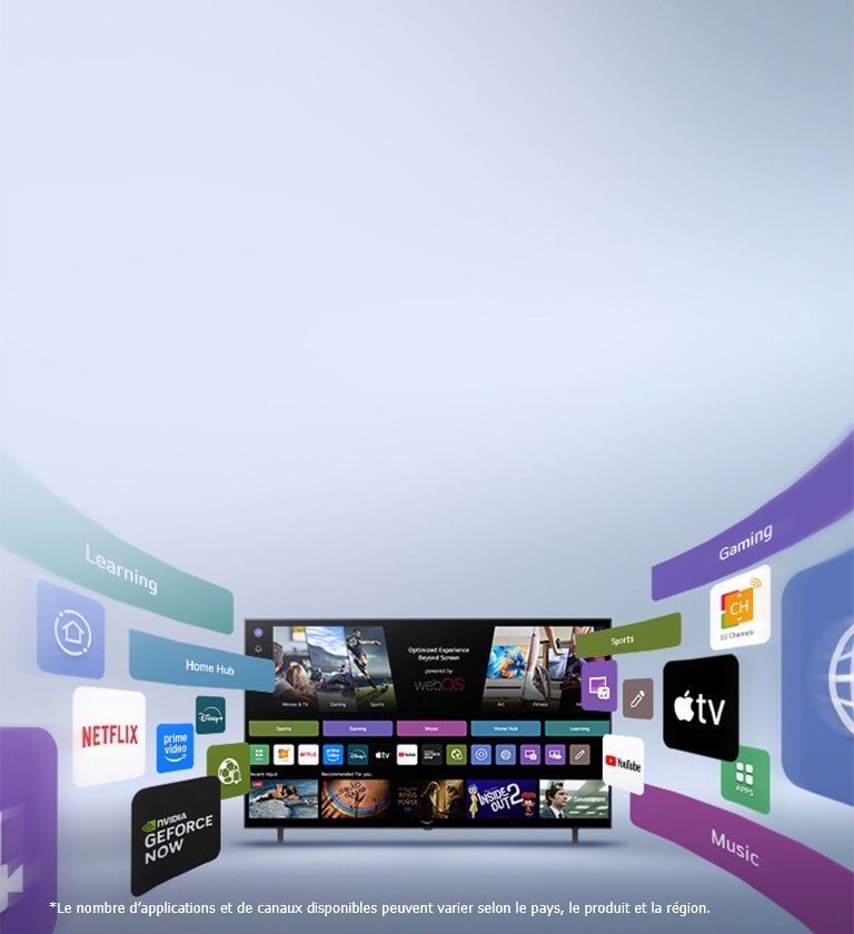 LG Smart TV affichant l’écran d’accueil webOS avec des applications de divertissement et des éléments d’interface utilisateur LG Channels qui s’étendent de manière dynamique vers l’extérieur, mettant en valeur plus d’applications et de chaînes internationales.