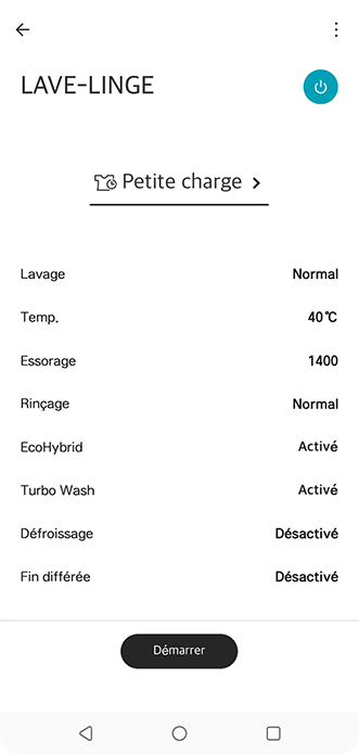 L’interface utilisateur de l’application LG ThinQ montre que le lave-linge LG est mis en veille, et qu’un cycle de lavage de coton a été paramétré.