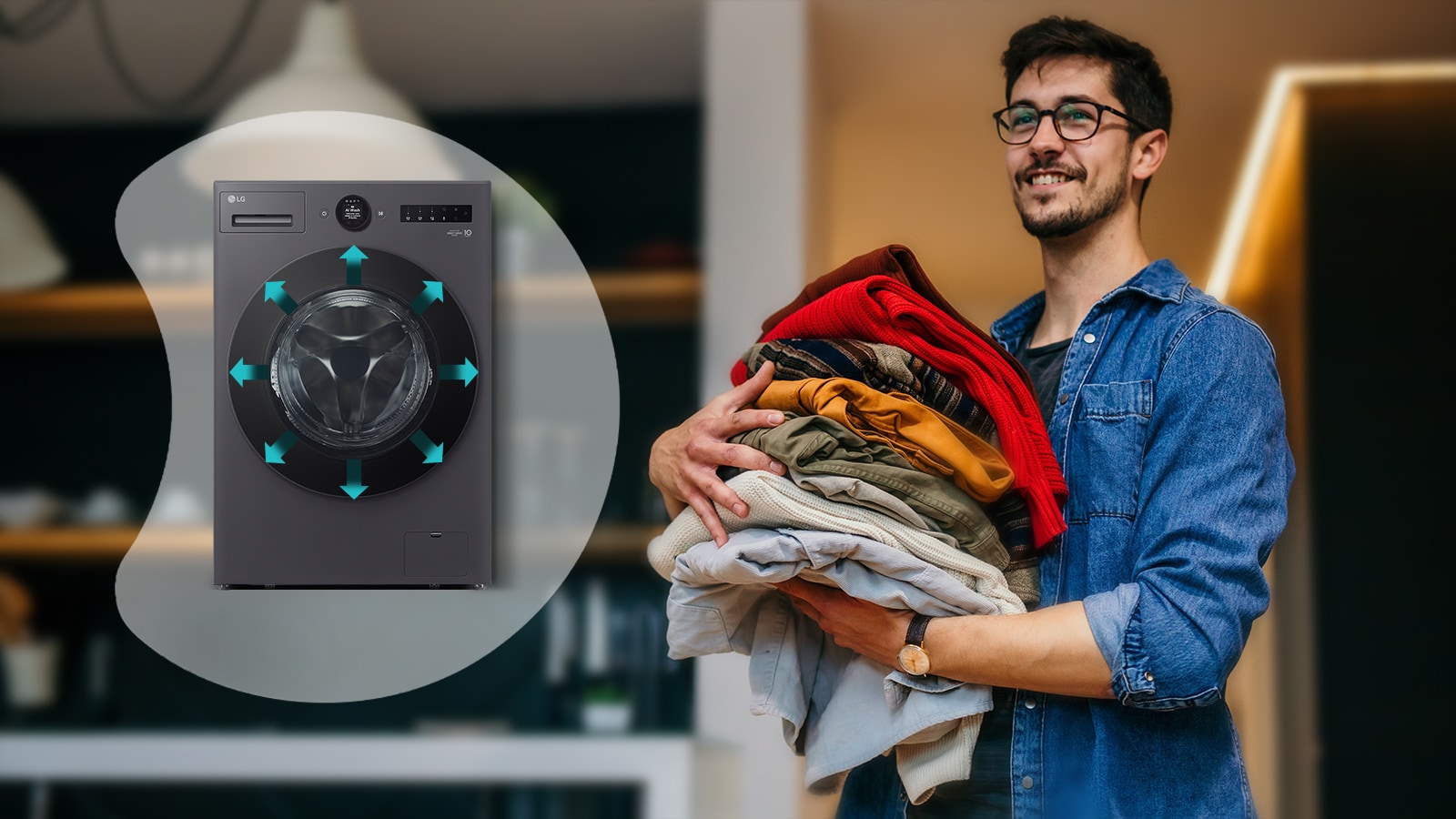 He's standing with the finished laundry, and next to him, he's showing a larger image of the interior of the washing machine