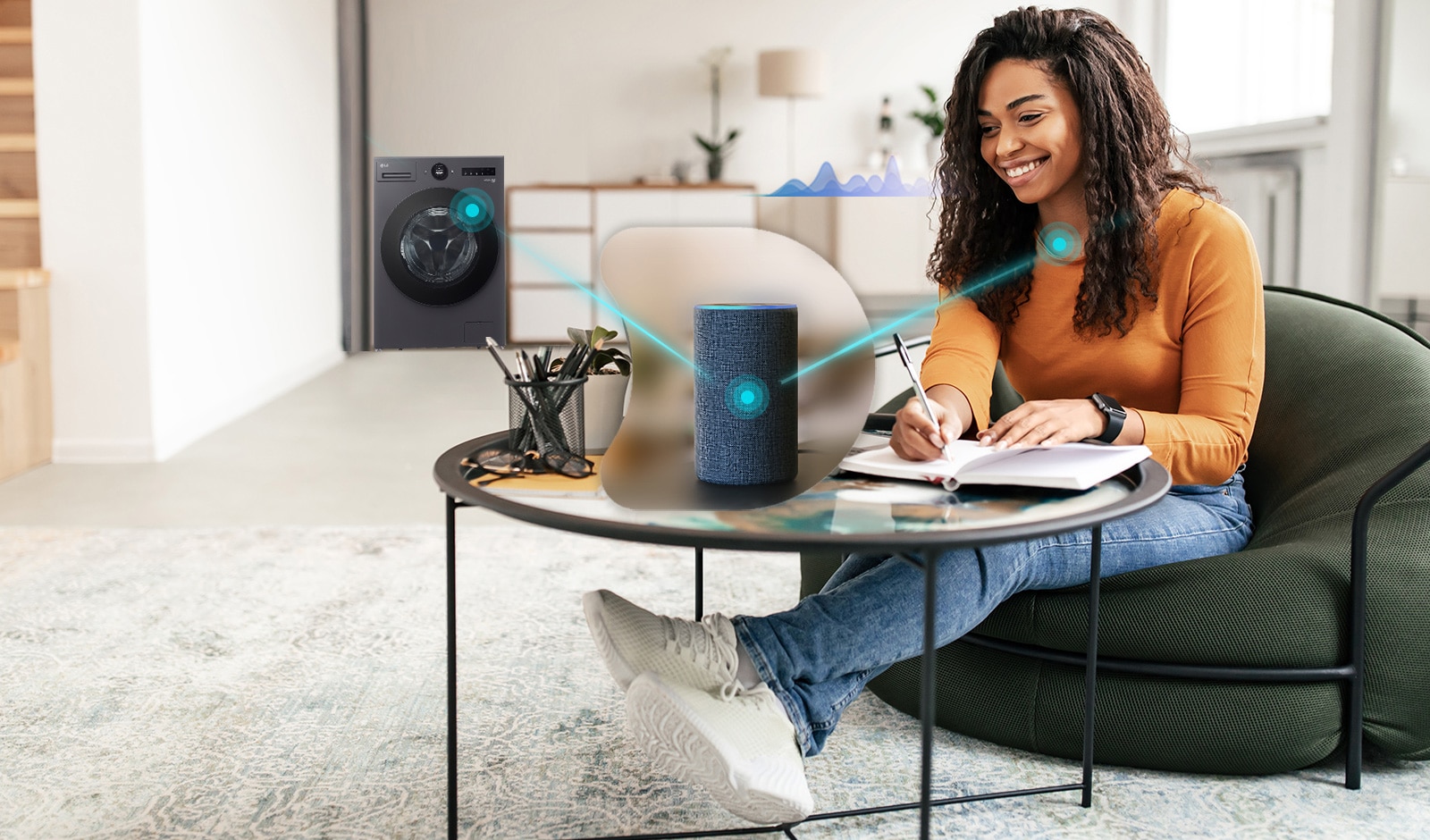 The woman is sitting on the sofa and the middle icon shows the voice recognition speaker. There is a washing machine in the background The washing machine, the speaker, and the woman are shown by lines