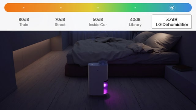 A dehumidifier is placed in a dark bedroom with a mood light on.
