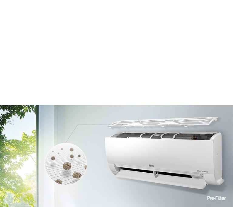 The LG air conditioner is installed on the wall and seen from the side angle. The top panel is flaoting above see the inner filters can be seen. A line from the pre-filter leads out to a magnified circle showing the dust caught in the pre-filter. The Pre-Filter logo is shown in the bottom right corner.
