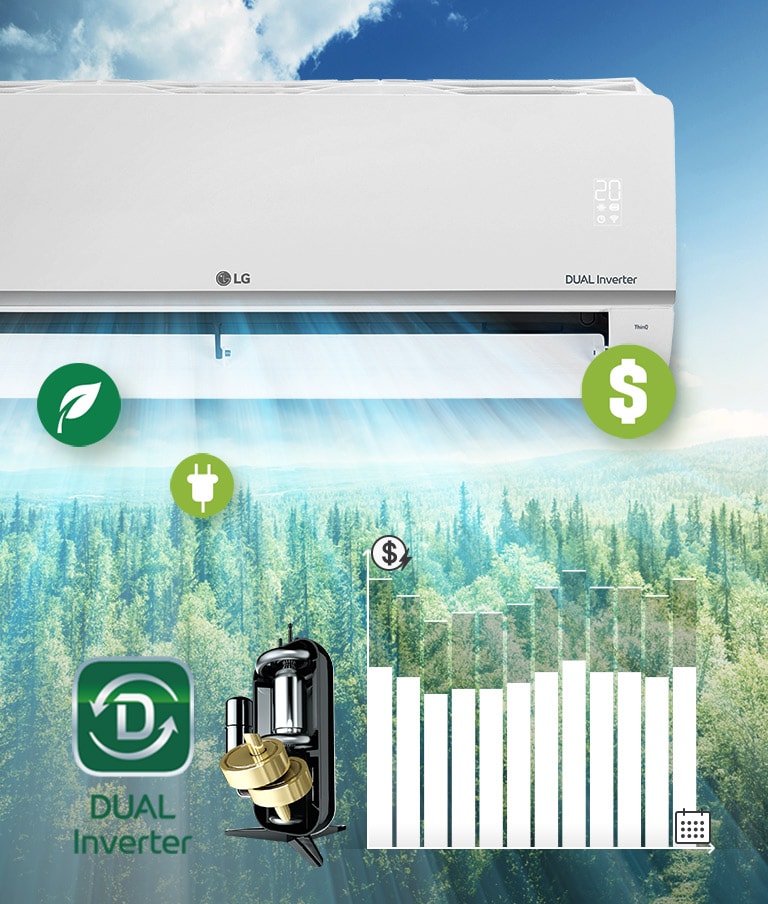 An air conditioner with airflow above the forest background, and a reducing energy use graph.