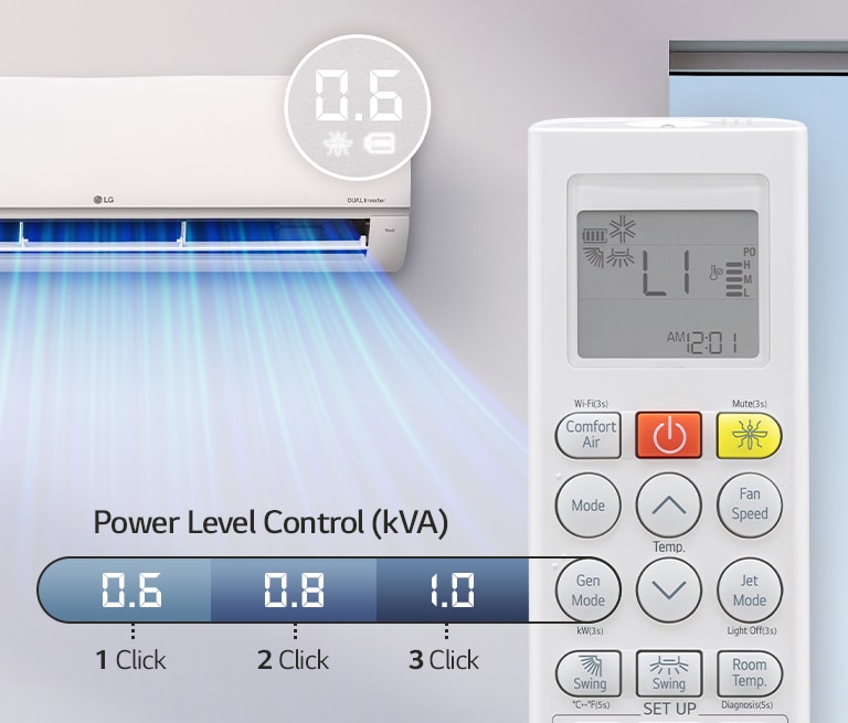 An air conditioner that allows setting the power in three steps via the remote control.