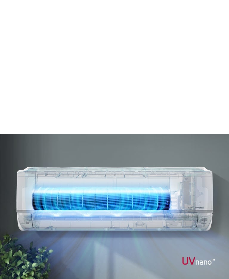 A video shows the front view of the air conditioner installed on a wall. The front of the machine is see through and it turns on to show the inner workings. The fans are highlighted blue to show the UV LED light that removes bacteria. Air blows out of the machine. The UVnano logo is in the bottom right corner.