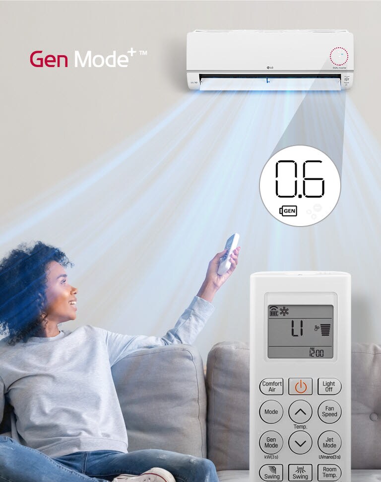 A still image shows a woman sitting on a couch with a remote control in her hand pointed up toward the air conditioner. Beneath the air conditioner is a circle with "0.6" and a battery with the letters "GEN" inside. The front view of the remote appears on the picture and the screen lights up as the buttons are pushed. The mode is changed and now the circle indicates the Gen Mode is "0.8". The button is pushed again and the Gen Mode becomes "1.0" in the circle above. The remote control buttons are pressed another tmie and the circle now says just "21" without the "GEN" battery icon. There is a GenMode+ icon in the corner.