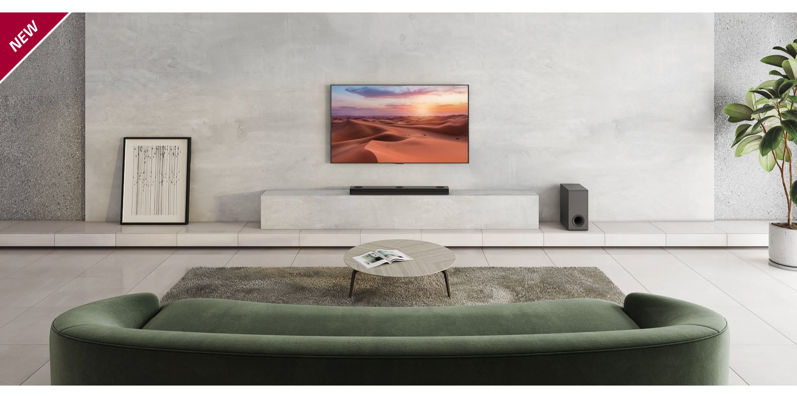 TV is hung on the white pillar in the center of the living room. Below, LG Sound Bar is placed on the white shelf. On the floor right under the sound bar, a wireless subwoofer stands. Behind the green sofa, two rear speakers are placed on the coffee table both the left and right sides. NEW mark is shown in the top left corner.