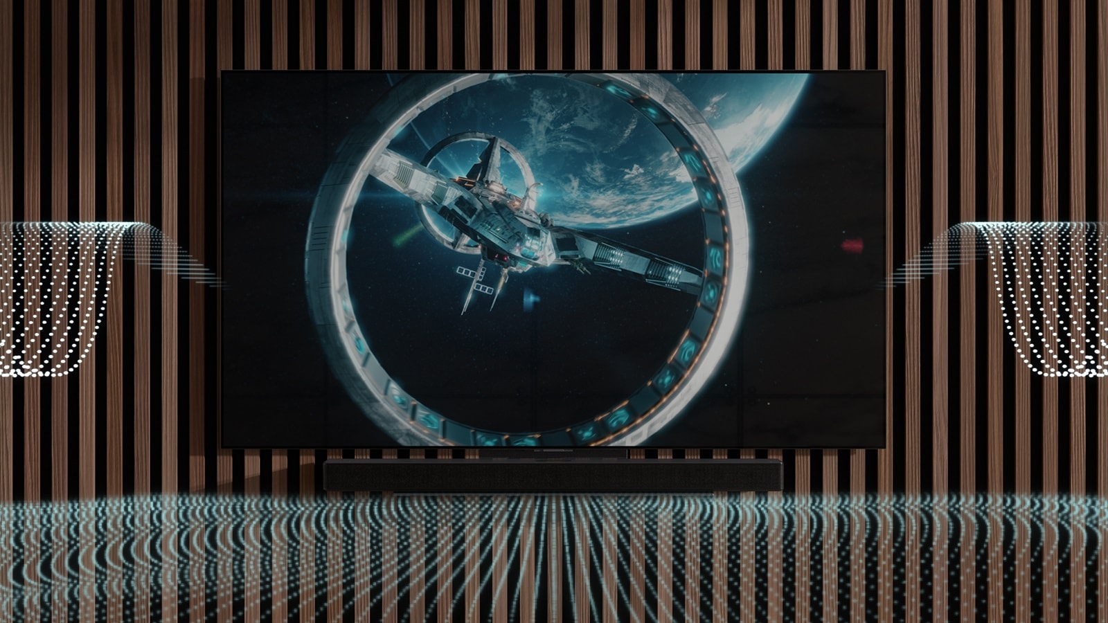 Variously figured blue-colored sound waves are being released from Sound Bar and TV.