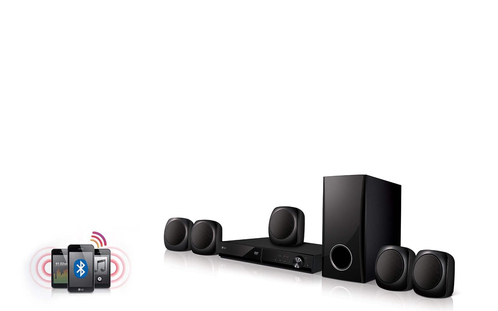 LG 5.1 Channel Bluetooth DVD Home Theater System 300W - LHD427; FM Radio, USB - Wireless Bluetooth Audio Streaming Stream wirelessly your favorite music on mobile or other devices that are compatible with LG Home Theater.