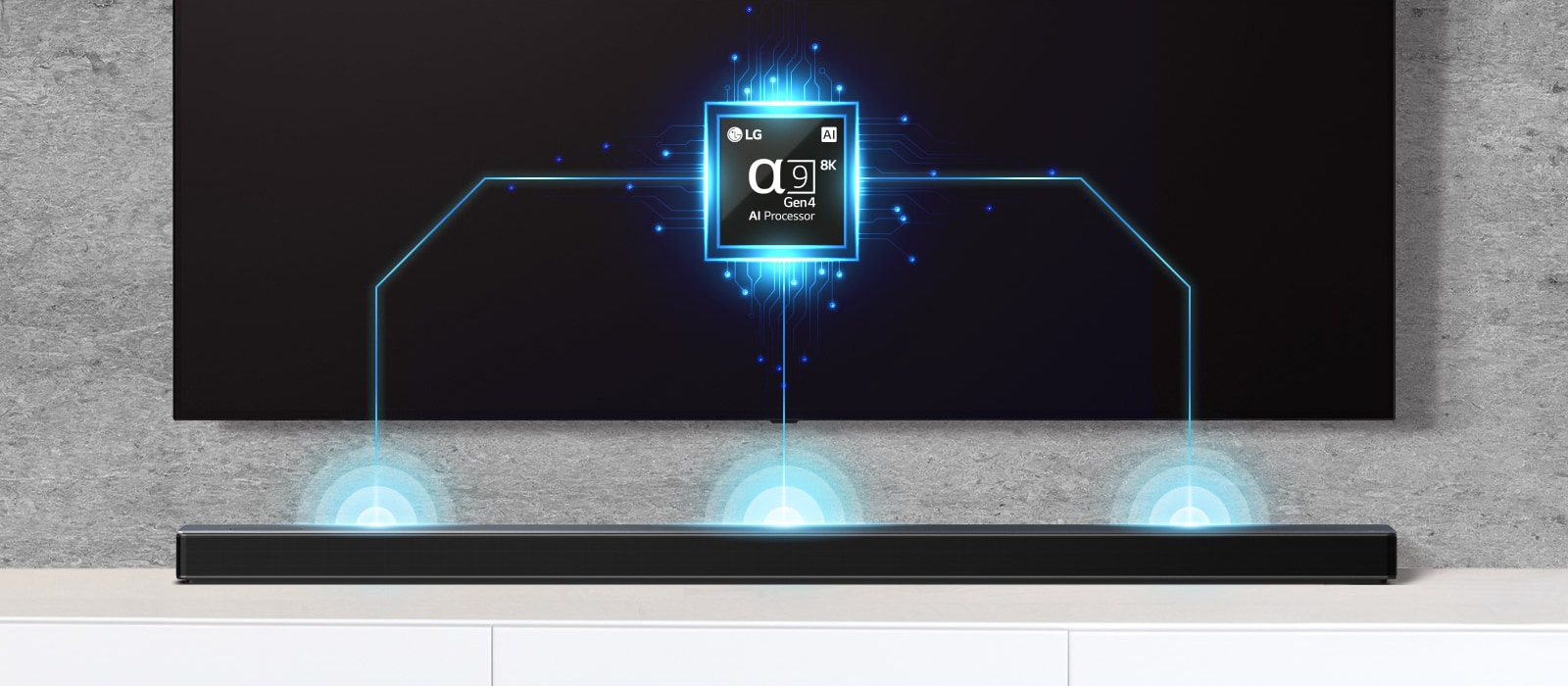 There is an alpha nine chip image on TV and there is a soundbar right below. There are also soundwave effect coming out from soundbar. 