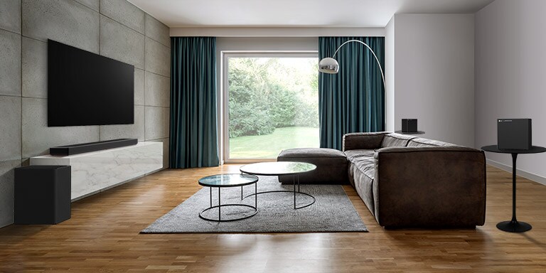 There is TV, a soundbar, a subwoofer, and 2 rear speakers in a wide living room. A wave with grid is coming out from soundbar, measuring the entire space of living room. 