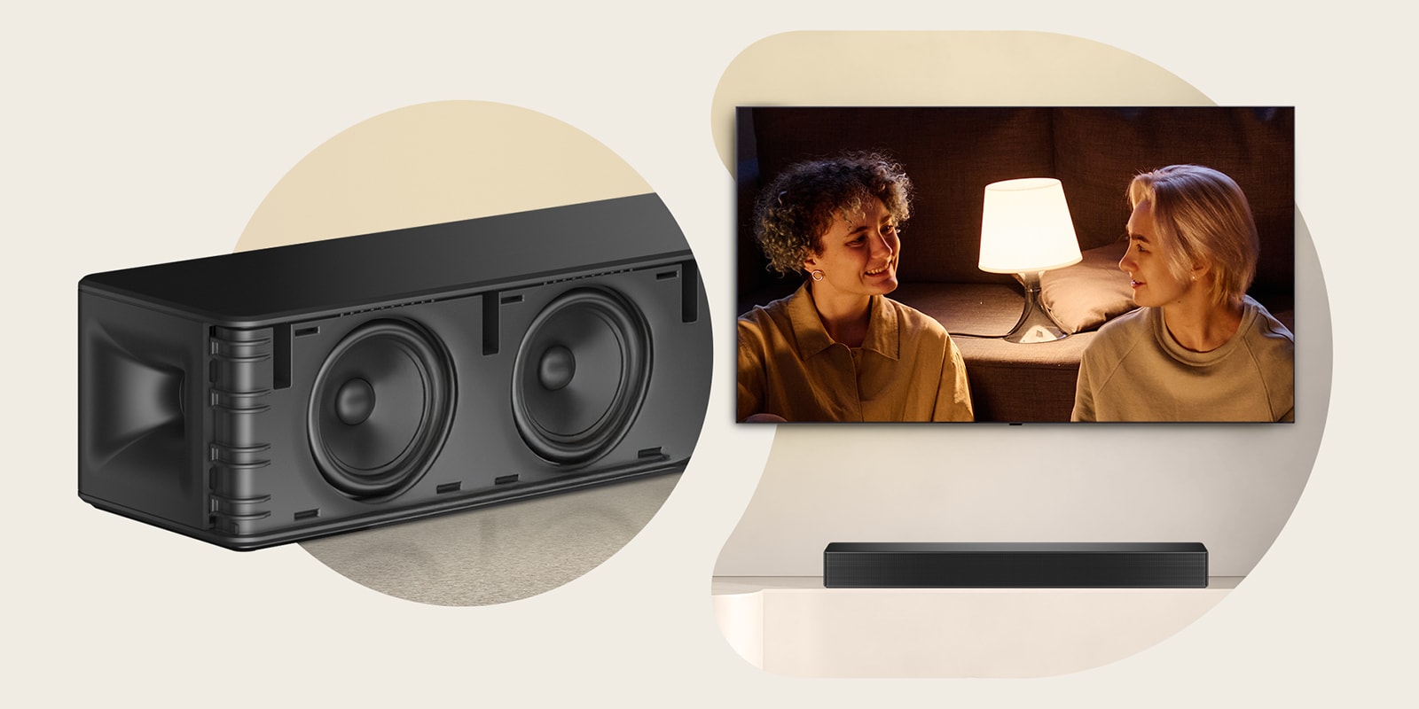 "On the left left-end of SH5A soundbar is placed with its outer shell missing to show its interior unit. On the right TV is showing a scene of  a couple is staring at each other in front of a floor lamp. Below the TV there stands a SH5A soundbar."	