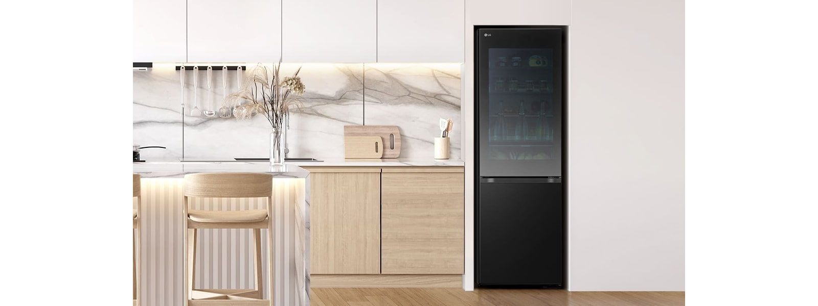  LG Instaview bottom-freezer refrigerator in a modern kitchen