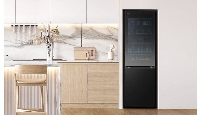  LG Instaview bottom-freezer refrigerator in a modern kitchen