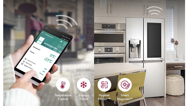 LG InstaView refrigerator connected to the LG ThinQ app  For a household already using other LG ThinQ appliances, an InstaView fridge slots into the same smart-home setup rather than needing a separate app.