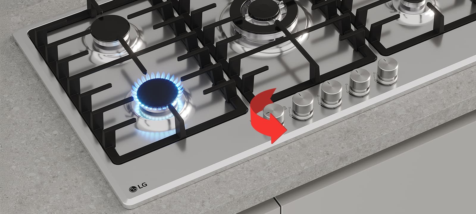 Close-up of black gas cooktop with blue flame burner and front rotary knobs for precise heat control adjustment.