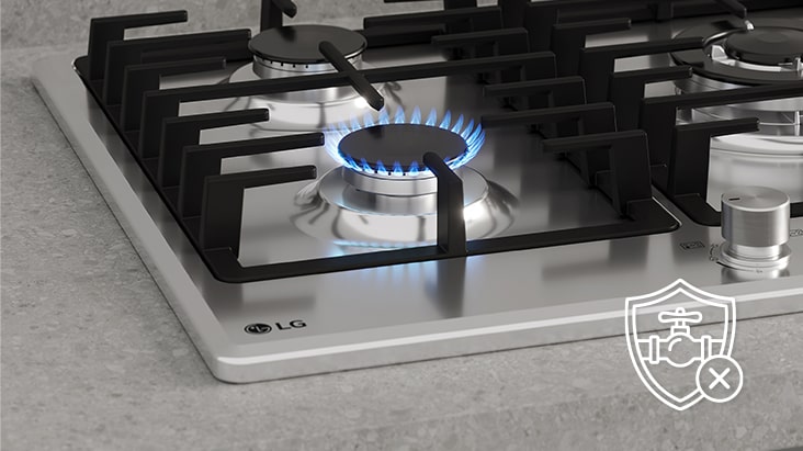 Black gas cooktop with blue flame and flame-failure safety that automatically shuts off gas.