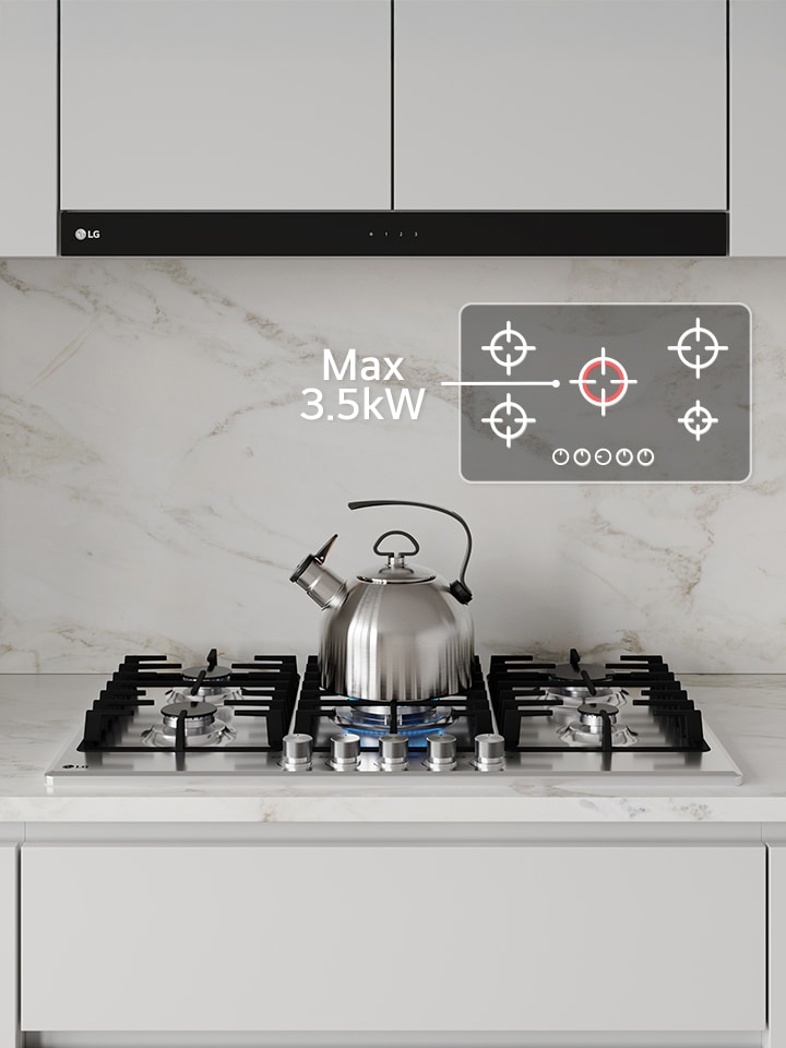 Black gas cooktop with blue flame burner boiling kettle, highlighting max 3.5 kW power for fast heating and powerful boost performance.