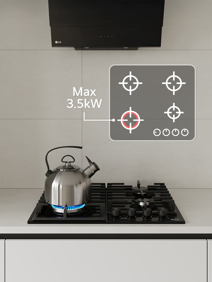 Black gas cooktop with blue flame burner boiling kettle, highlighting max 3.5 kW power for fast heating and powerful boost performance.