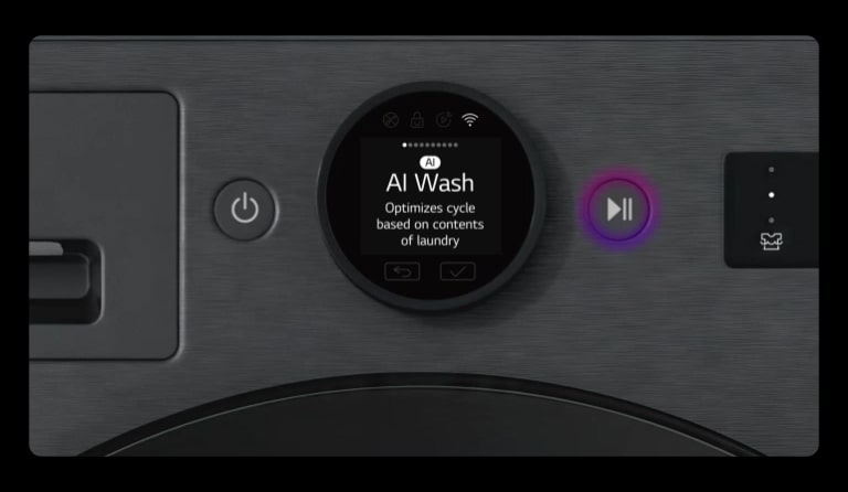 A close-up image of the LG washing machine control panel highlights the operation buttons with a glowing effect.
