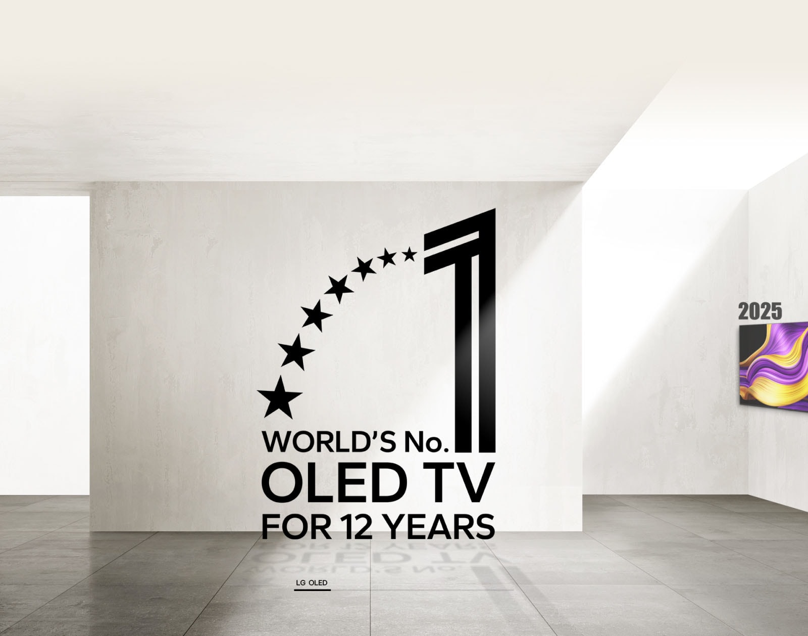 World's number 1 OLED TV for 12 years emblem is shown. Then each of the LG OLED innovations from 2013 to the present are shown with the awards each TV won. It cycles from LG's latest OLED evo G5, world's first transparent OLED, world's first rollable OLED, world's first wallpaper OLED, and the world's first 55-inch OLED TV. 