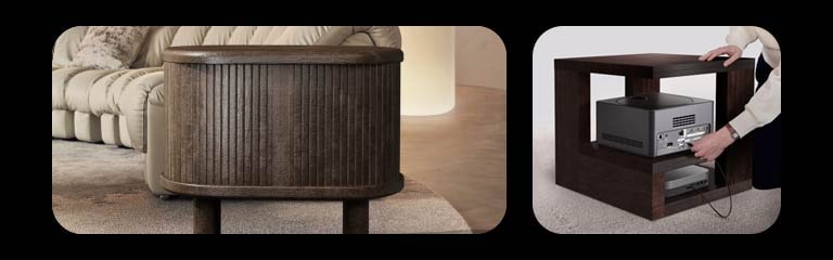 Scenes that show how the Zero Connect Box makes everything simple and convenient. In one scene, other peripheral devices are being connected to the Zero Connect Box that's under a side table. In the other scene, it shows how the Zero Connect Box can easily be hidden in a compartment of a side table with doors.