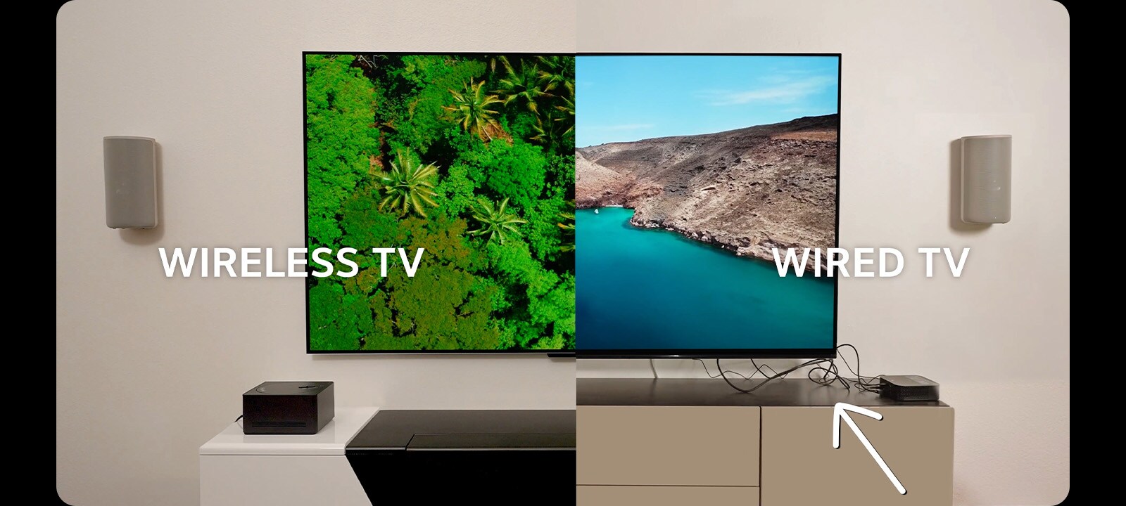 Split-screen comparison of wired versus wireless TV installation. With the wired TV, the setup is messy with wires visibly sticking out and looking disorganized. With wireless TV, it's clean, clutter-free, and more convenient.