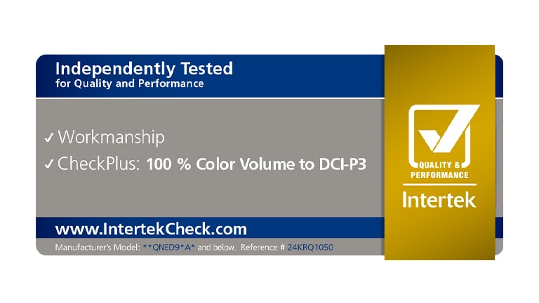 Intertek certification showing how the LG QNED TV was independently tested for 100% Color Volume to DCI-P3.