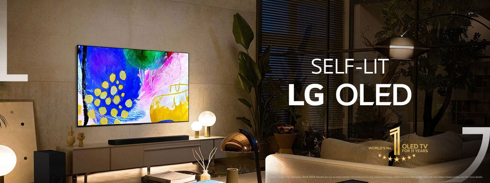 The scene where the OLED TV frame is overlapped with the image showing a tree shining in pink. The 'World's No.1 OLED TV Brand' logo was placed on the upper right. The 'powered by ThinQ AI' logo was placed at the bottom right. 'LG OLED evo' logo was placed on the upper left corner. There is a FIND OUT MORE button at the bottom center.