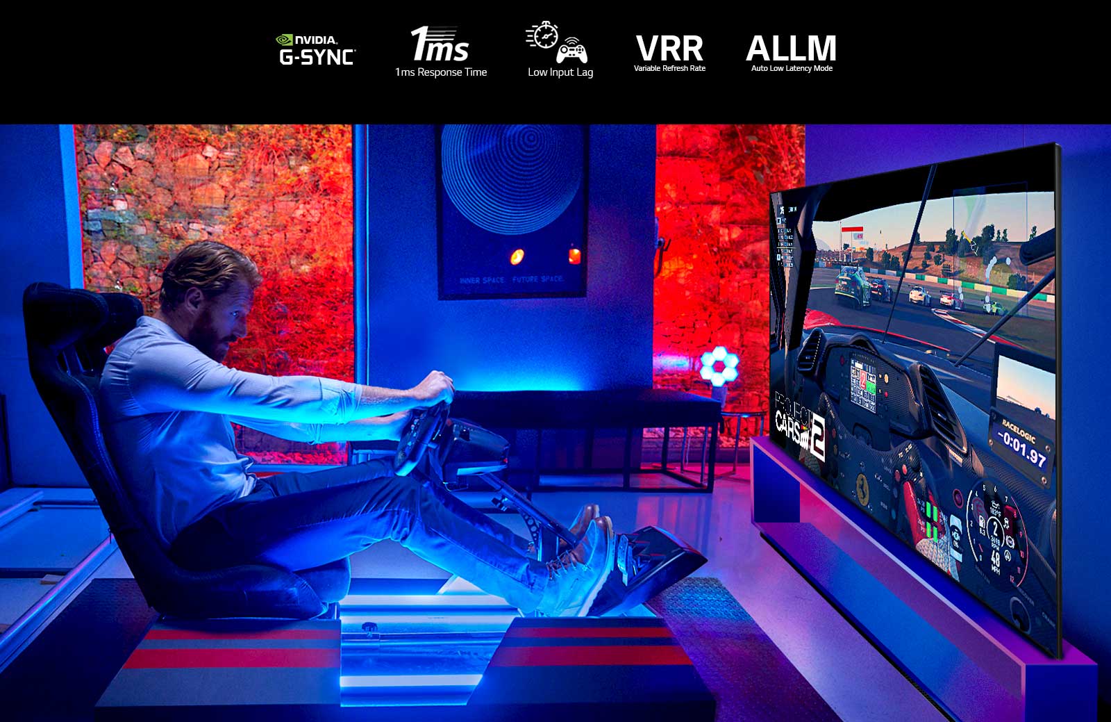 The mark of NVIDIA G-SYNC, The mark of 1ms Response Time, The mark of Low Input lag, The mark of Variable Refresh Rate, The mark of Auto Low Latency Mode, Man in a dark room sitting on a racing game seat in front of a large TV and immersing himself into a racing game