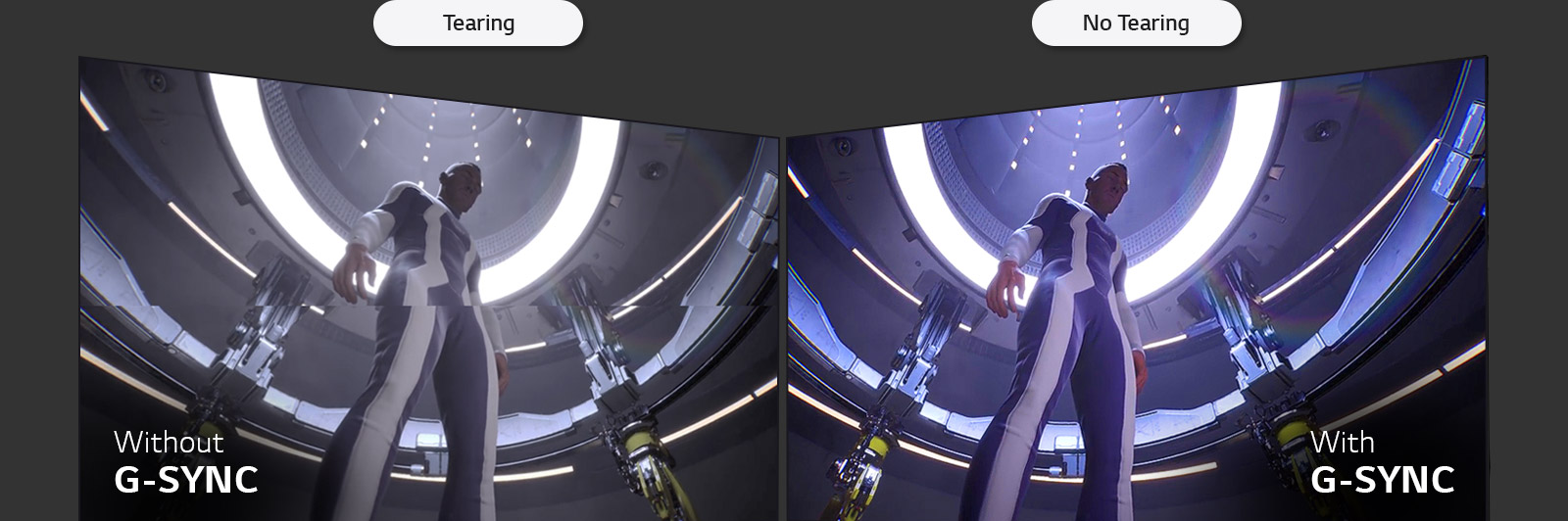 Side-by-side comparison of LCD/LED versus OLED, showing the identical game scene to show the difference of screen tearing