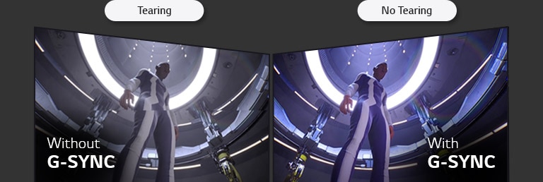 Side-by-side comparison of LCD/LED versus OLED, showing the identical game scene to show the difference of screen tearing