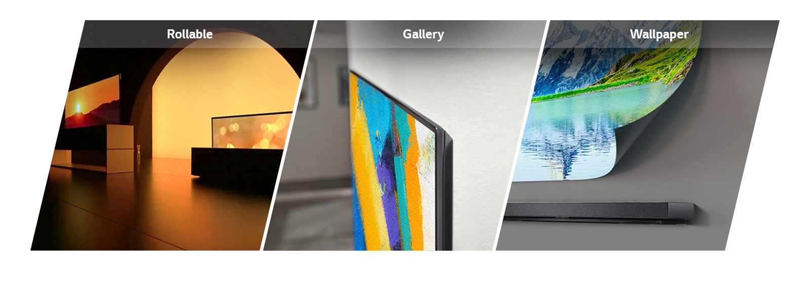Three parallel title cards showing rollable, gallery, and wallpaper design TVs, showing aesthetic value in space