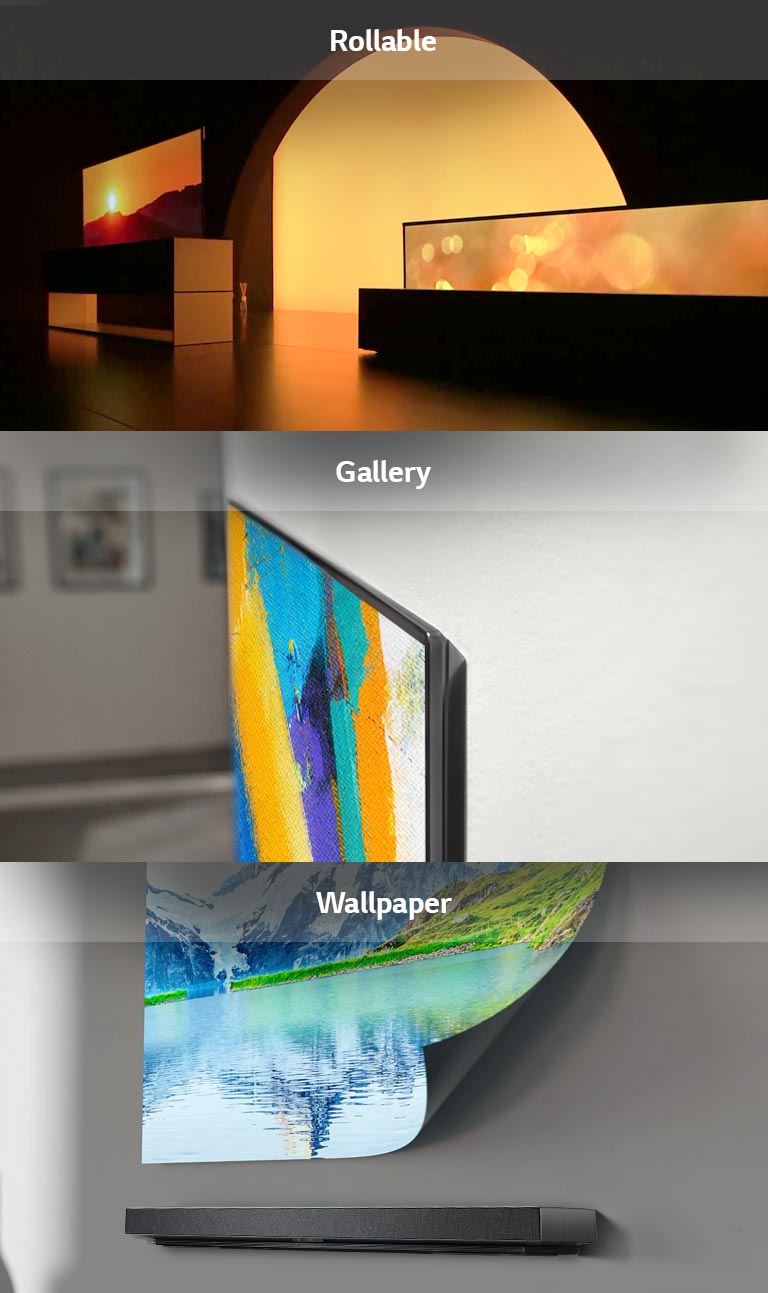Three parallel title cards showing rollable, gallery, and wallpaper design TVs, showing aesthetic value in space