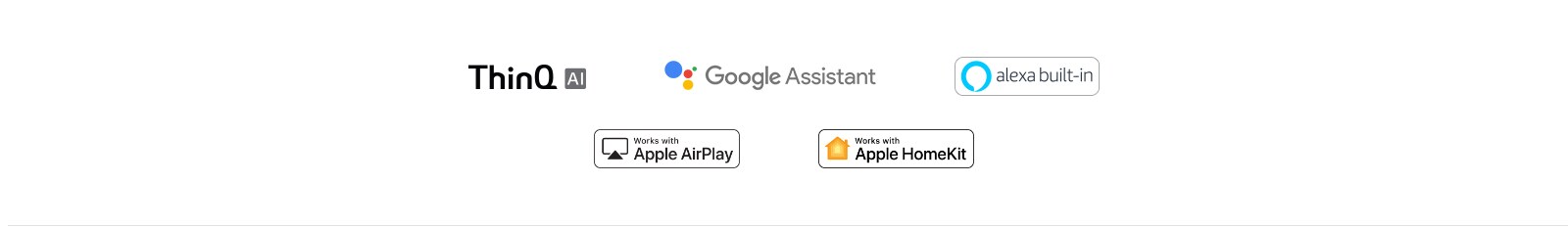 The mark of LG ThinQ, The mark of Google Assitant, The mark of Apple AirPlay, The mark of Apple Homekit, The mark of alexa built-in