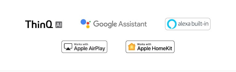 The mark of LG ThinQ, The mark of Google Assitant, The mark of Apple AirPlay, The mark of Apple Homekit, The mark of alexa built-in
