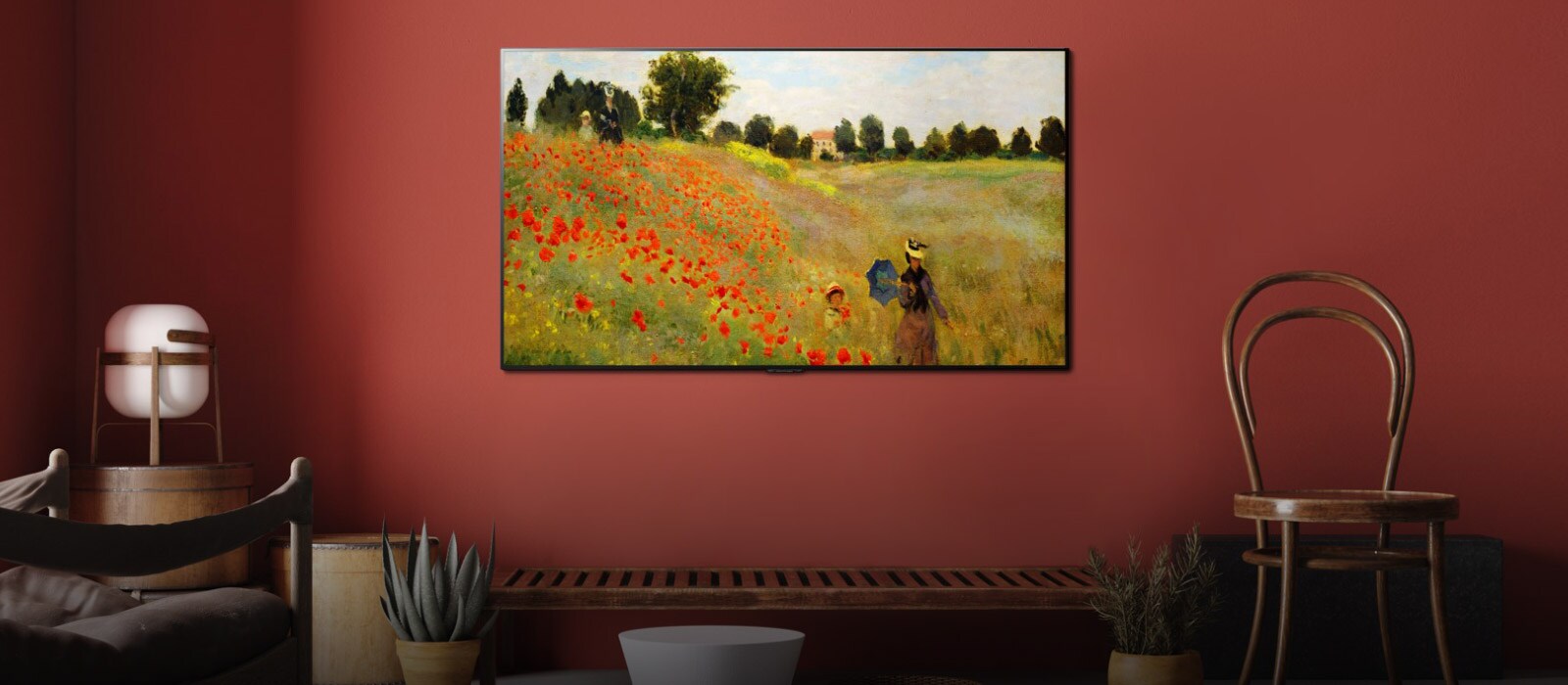 A face-on wide-shot of a wall-mounted Gallery Design showing an artwork Find how SELF-LIT PiXELS make life more artistic