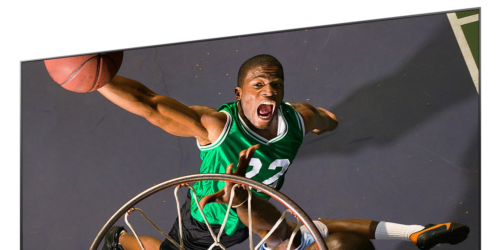 View from the top of the backboard capturing a basketball player about to dunk with an 8K realism
