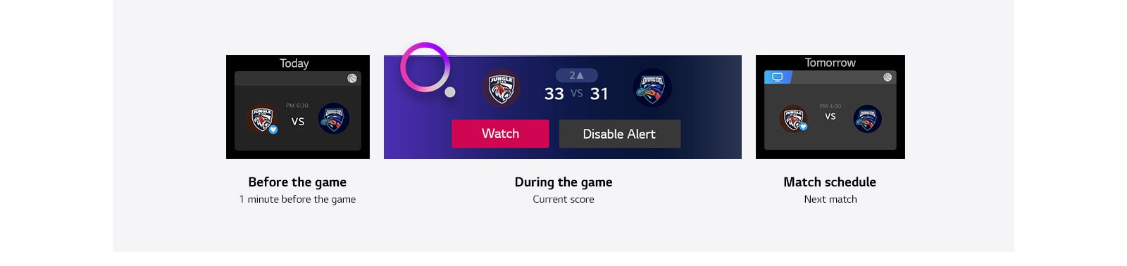 Sports alert that shows up during the game giving updates of the score, Sports alert that shows matchup scheduling information, A sports alert of other matches' score pops up at the left bottom of the TV while a couple watching the basketball game on TV