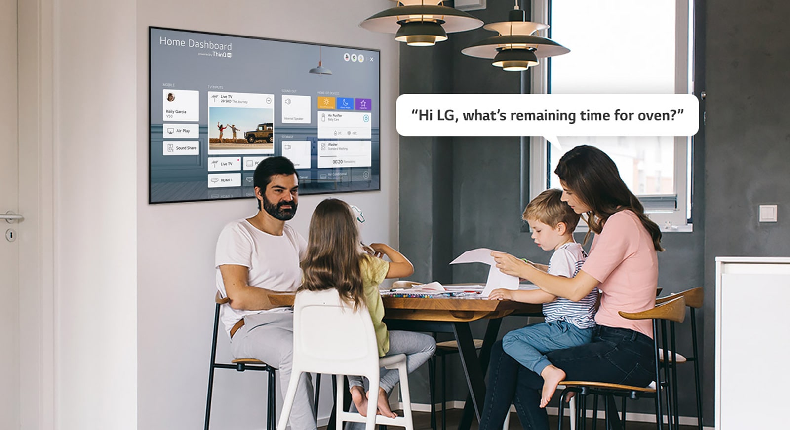 Family sitting at a table with mother asking TV remaining time for the oven
