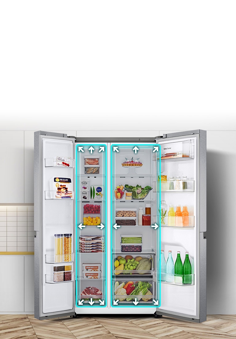A video begins with the front view of the refrigerator with both doors wide open. The interior spaces are outlined in a neon lines and arrows begin to push the lines out to show that there is now more space inside. The neon square around the interior spaces flashes to show the difference between the new space and the old smaller space which is now outlined in a dotted white line.