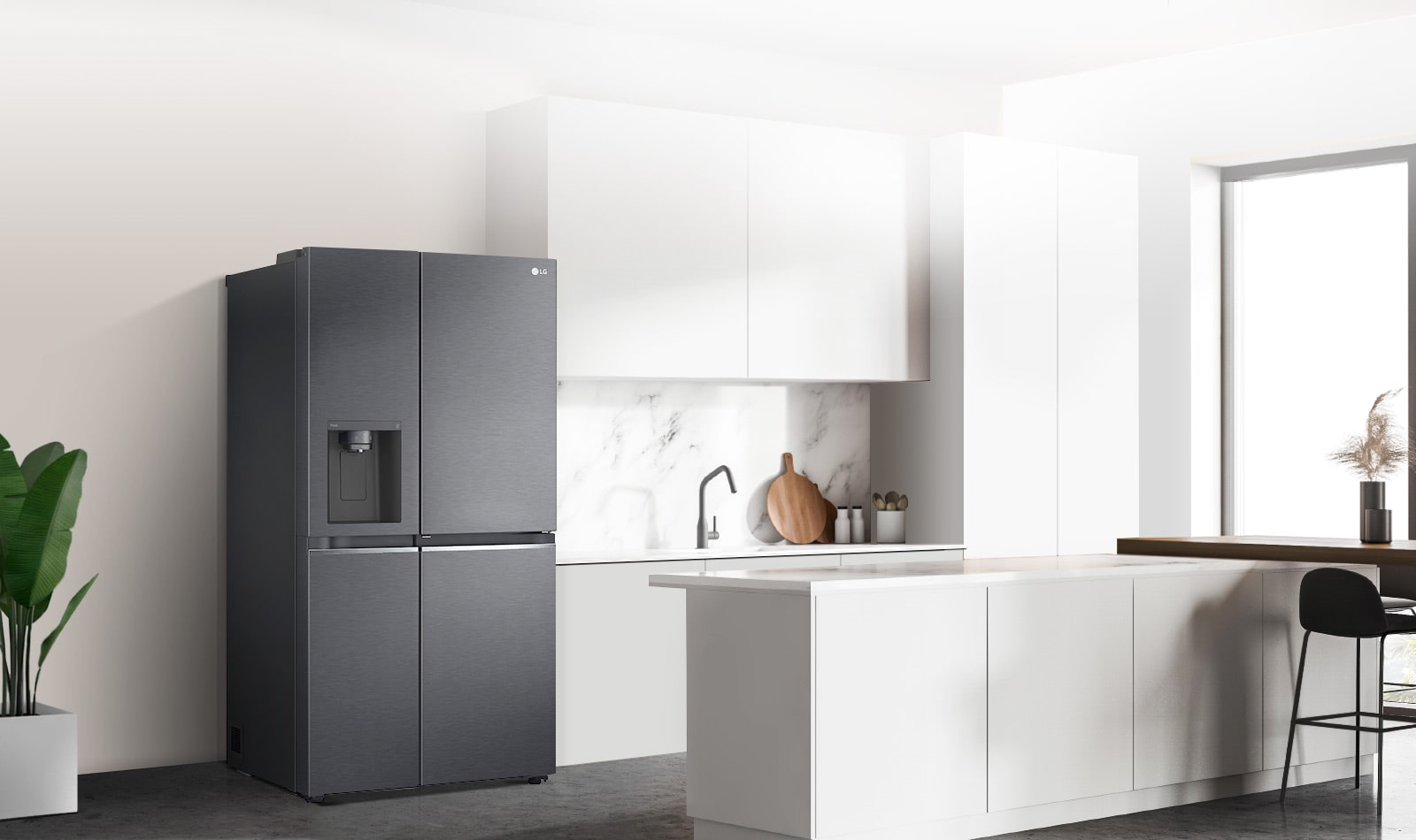 A side view of a kitchen with a black InstaView refrigerator installed.